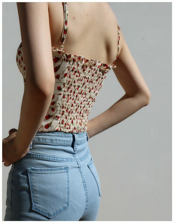 Strappy White Cami Crop Top with Red Roses - Y2K Streetwear Aesthetic