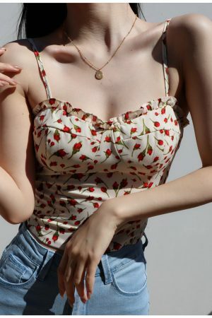 Strappy White Cami Crop Top with Red Roses - Y2K Streetwear Aesthetic