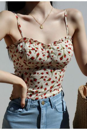 Strappy White Cami Crop Top with Red Roses - Y2K Streetwear Aesthetic