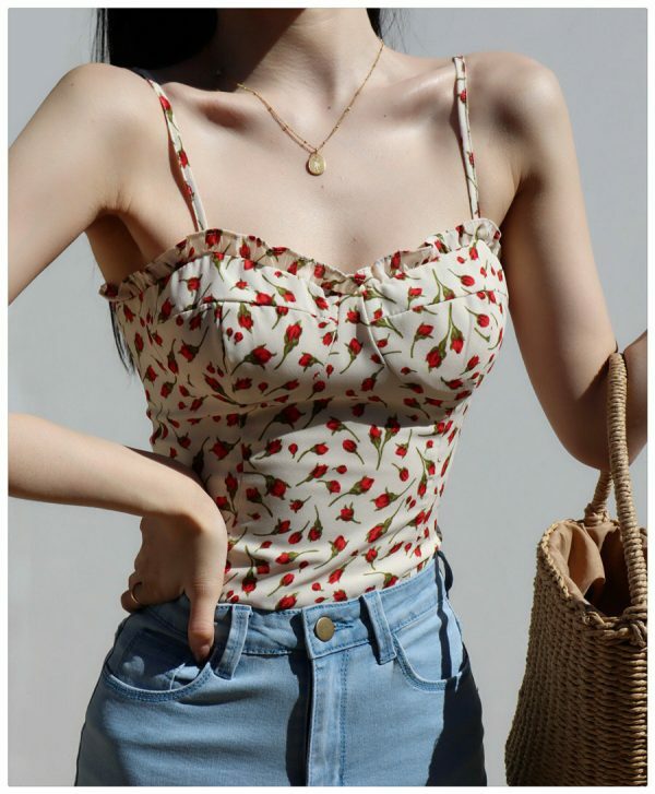 Strappy White Cami Crop Top with Red Roses - Y2K Streetwear Aesthetic