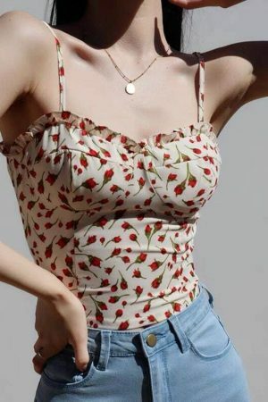 Strappy White Cami Crop Top with Red Roses - Y2K Streetwear Aesthetic