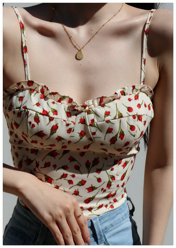 Strappy White Cami Crop Top with Red Roses - Y2K Streetwear Aesthetic