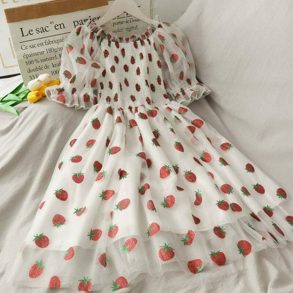 Strawberry Lace Chiffon Sweet Dress with Casual Puff Sleeve for Women