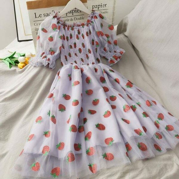 Strawberry Lace Chiffon Sweet Dress with Casual Puff Sleeve for Women