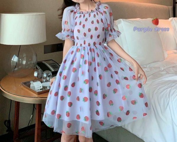 Strawberry Lace Chiffon Sweet Dress with Casual Puff Sleeve for Women