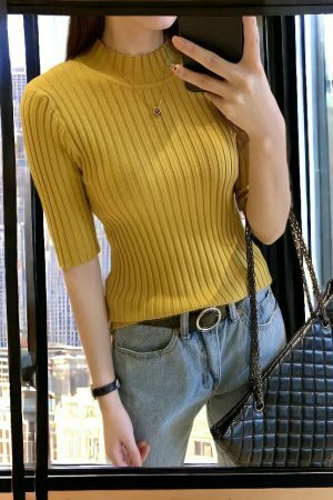 Stretchy Rib Knit Turtleneck Blouse | Y2K Streetwear Fashion Top