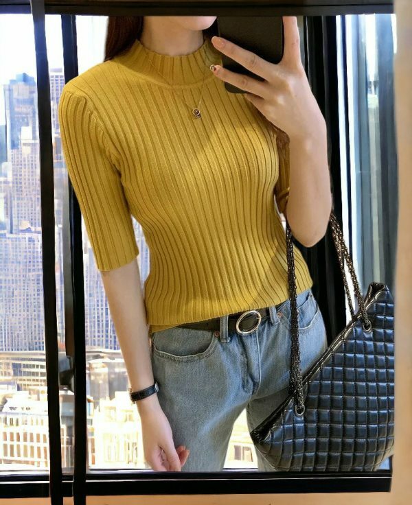 Stretchy Rib Knit Turtleneck Blouse | Y2K Streetwear Fashion Top