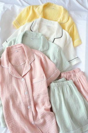 Summer Candy Color Y2K Pajama Set for Women - Gauze Cotton Solid Short Sleeve & Short Set