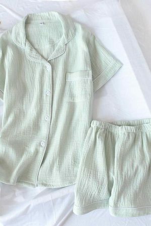 Summer Candy Color Y2K Pajama Set for Women - Gauze Cotton Solid Short Sleeve & Short Set