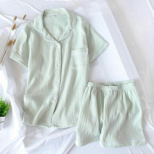 Summer Candy Color Y2K Pajama Set for Women - Gauze Cotton Solid Short Sleeve & Short Set