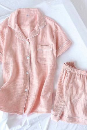 Summer Candy Color Y2K Pajama Set for Women - Gauze Cotton Solid Short Sleeve & Short Set