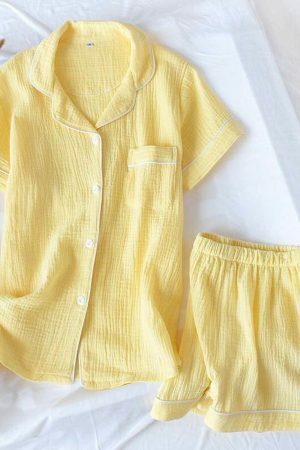 Summer Candy Color Y2K Pajama Set for Women - Gauze Cotton Solid Short Sleeve & Short Set