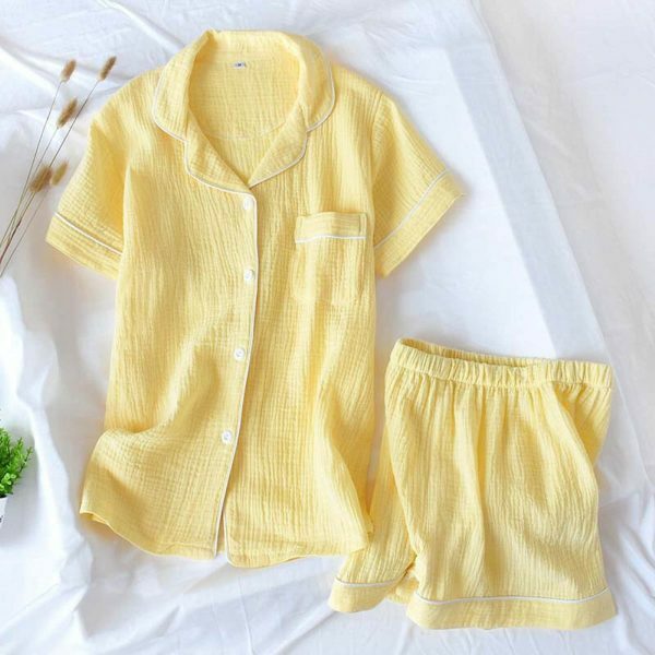 Summer Candy Color Y2K Pajama Set for Women - Gauze Cotton Solid Short Sleeve & Short Set