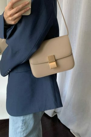 Taupe Calfskin Leather Box Bag with Korean Streetwear Y2K Aesthetics