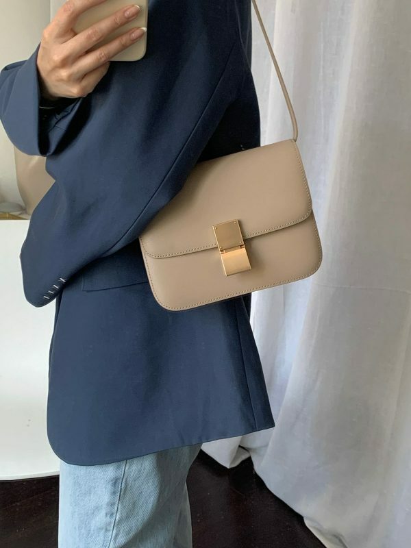 Taupe Calfskin Leather Box Bag with Korean Streetwear Y2K Aesthetics