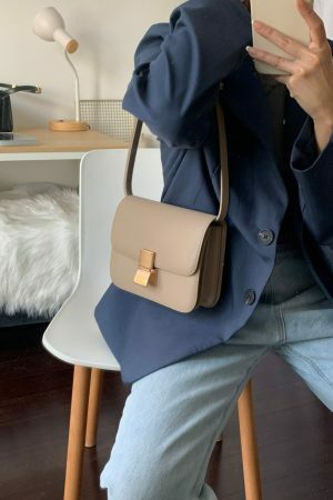 Taupe Calfskin Leather Box Bag with Korean Streetwear Y2K Aesthetics