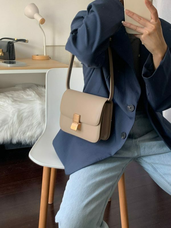 Taupe Calfskin Leather Box Bag with Korean Streetwear Y2K Aesthetics