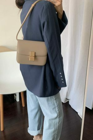 Taupe Calfskin Leather Box Bag with Korean Streetwear Y2K Aesthetics