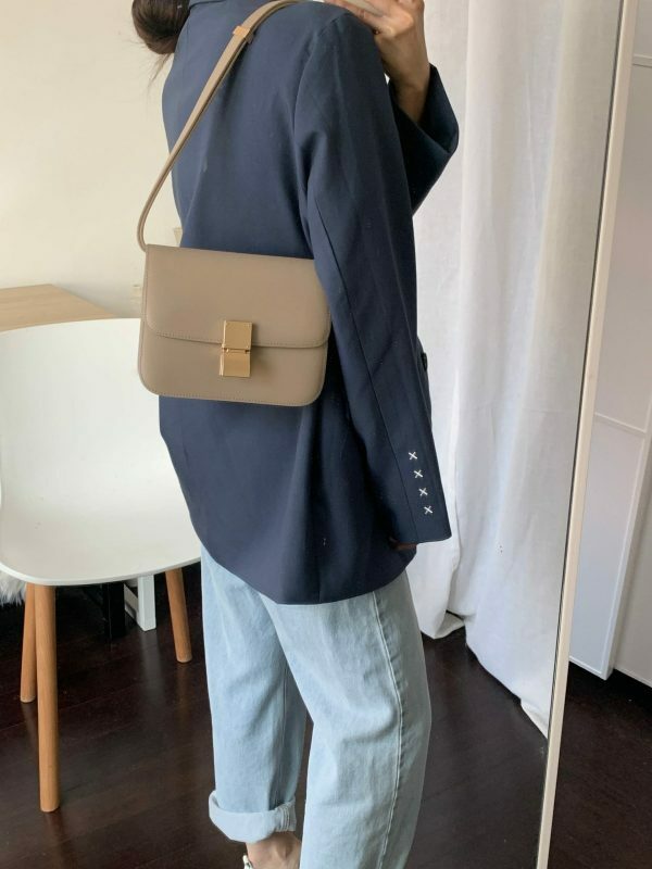 Taupe Calfskin Leather Box Bag with Korean Streetwear Y2K Aesthetics