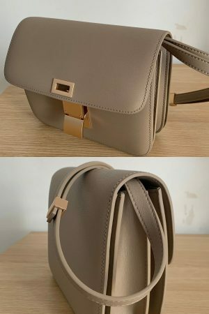 Taupe Calfskin Leather Box Bag with Korean Streetwear Y2K Aesthetics