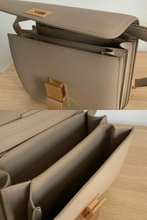 Taupe Calfskin Leather Box Bag with Korean Streetwear Y2K Aesthetics