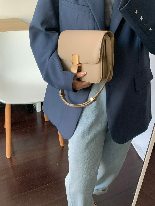 Taupe Calfskin Leather Box Bag with Korean Streetwear Y2K Aesthetics