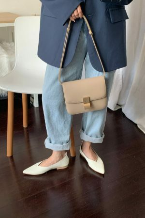 Taupe Calfskin Leather Box Bag with Korean Streetwear Y2K Aesthetics