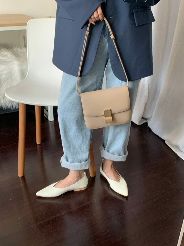 Taupe Calfskin Leather Box Bag with Korean Streetwear Y2K Aesthetics