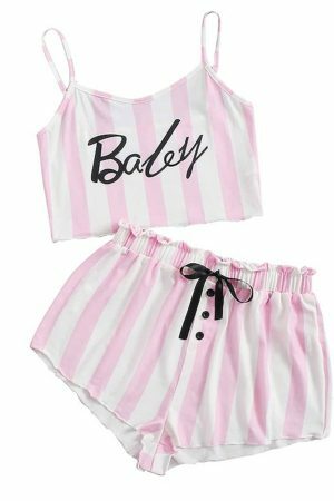 Trending Y2K Pink Striped Sleeveless Off Shoulder Shorts Set