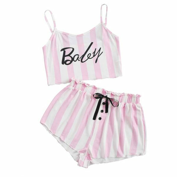 Trending Y2K Pink Striped Sleeveless Off Shoulder Shorts Set