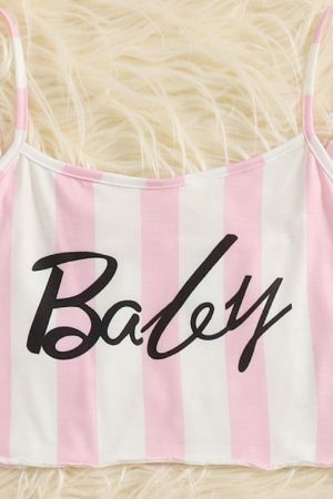 Trending Y2K Pink Striped Sleeveless Off Shoulder Shorts Set