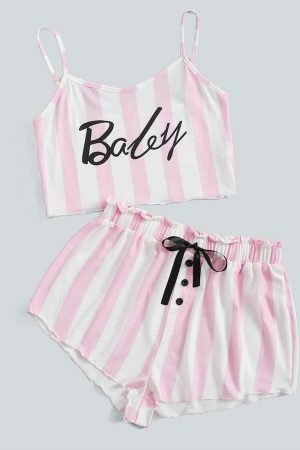 Trending Y2K Pink Striped Sleeveless Off Shoulder Shorts Set