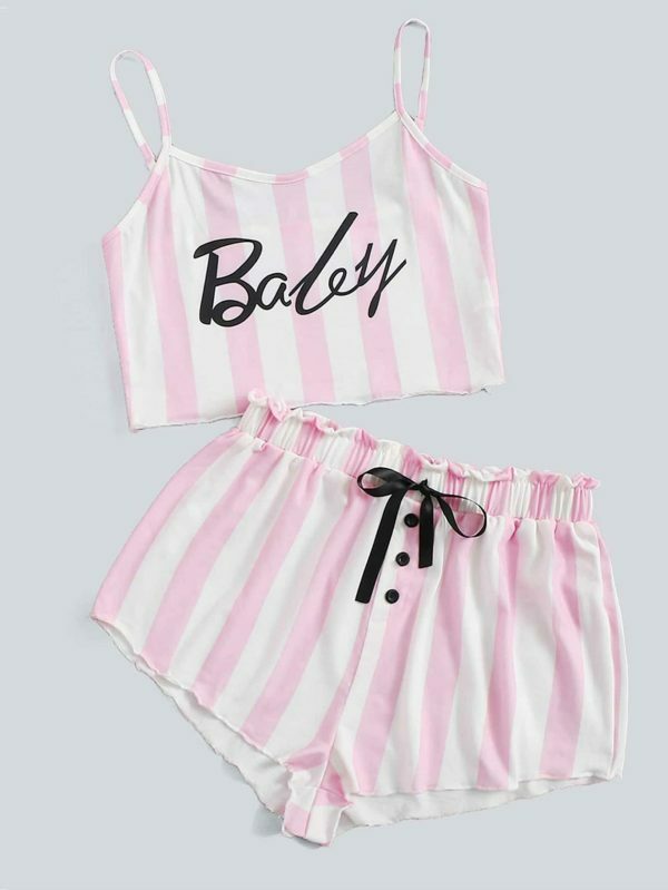 Trending Y2K Pink Striped Sleeveless Off Shoulder Shorts Set