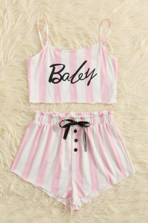 Trending Y2K Pink Striped Sleeveless Off Shoulder Shorts Set