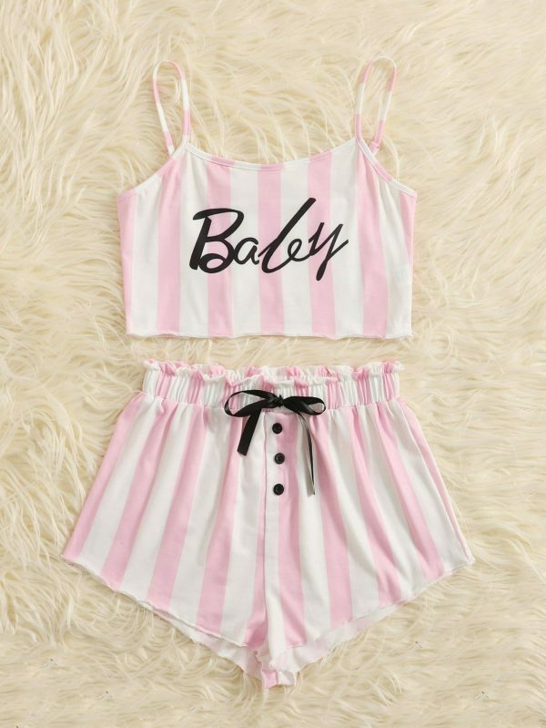 Trending Y2K Pink Striped Sleeveless Off Shoulder Shorts Set