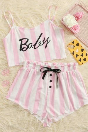 Trending Y2K Pink Striped Sleeveless Off Shoulder Shorts Set