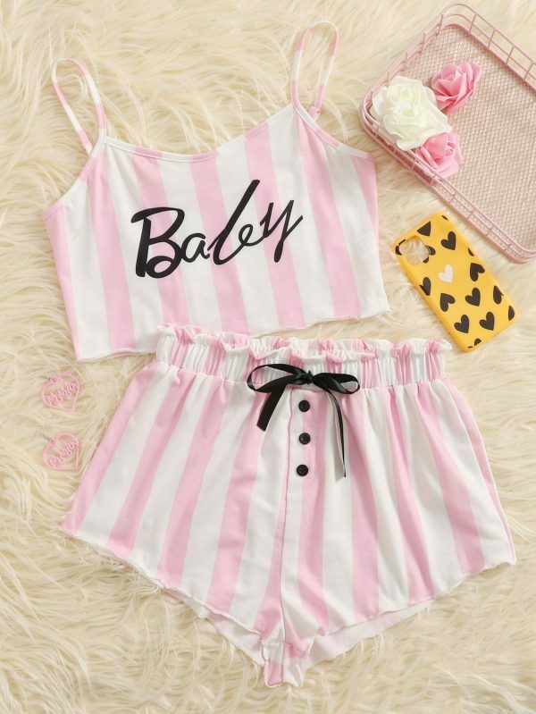 Trending Y2K Pink Striped Sleeveless Off Shoulder Shorts Set