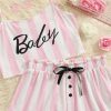 Trending Y2K Pink Striped Sleeveless Off Shoulder Shorts Set