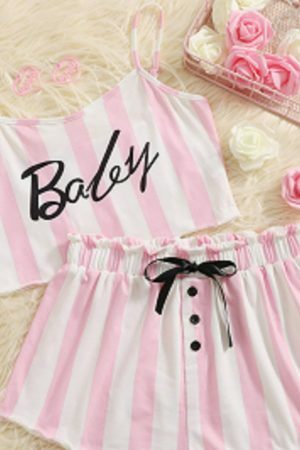 Trending Y2K Pink Striped Sleeveless Off Shoulder Shorts Set