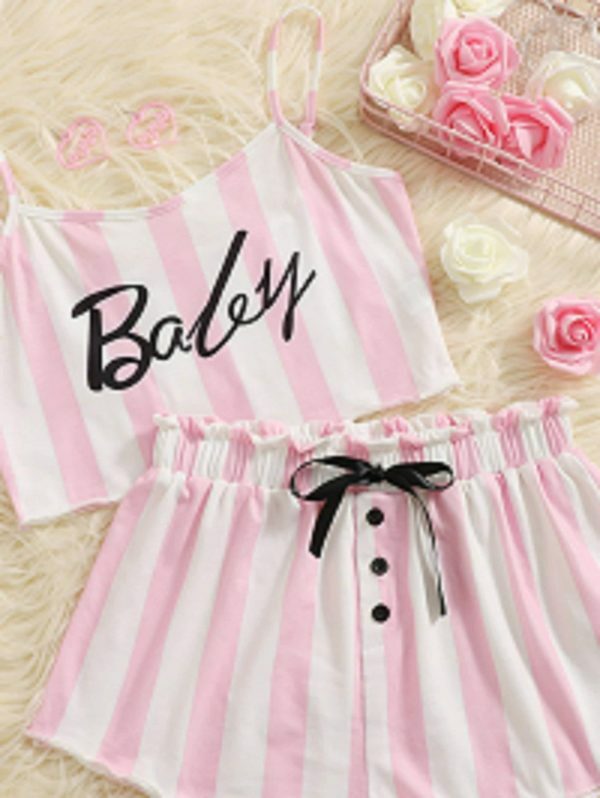 Trending Y2K Pink Striped Sleeveless Off Shoulder Shorts Set