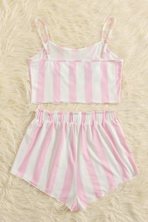 Trending Y2K Pink Striped Sleeveless Off Shoulder Shorts Set