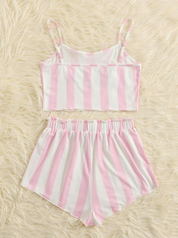 Trending Y2K Pink Striped Sleeveless Off Shoulder Shorts Set