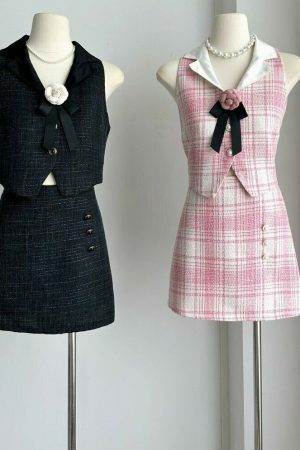 Tweed 2-Piece Coord Set in Korean Barbie Style, Y2K Streetwear Fashion