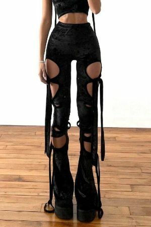 Velvet Hollow Out Y2K Gothic Pencil Pants Grunge Aesthetic Punk High Waist Trousers Women