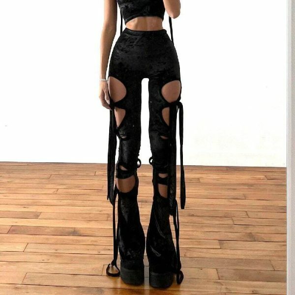 Velvet Hollow Out Y2K Gothic Pencil Pants Grunge Aesthetic Punk High Waist Trousers Women