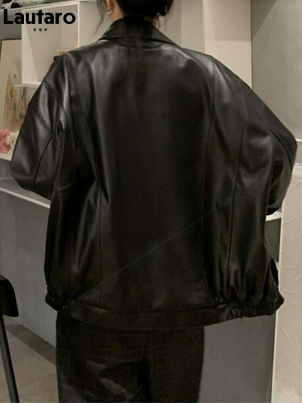 Vintage Black Leather Jacket with Oversized Fit and Y2K Zipper Closure