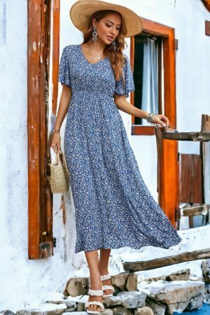 Vintage Boho Print Blue Elastic Waist Sundress | Y2K Aesthetic Women's Dress