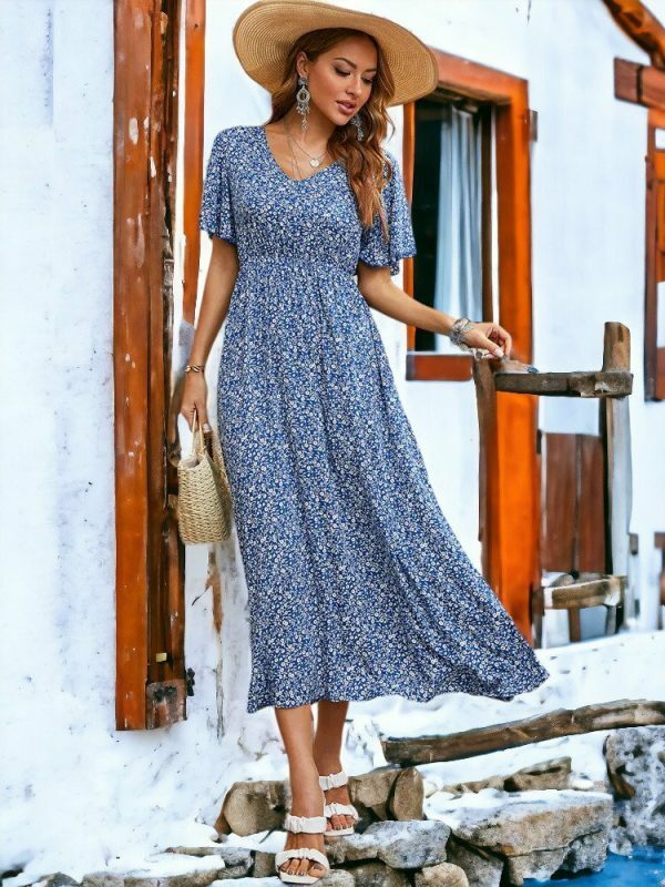 Vintage Boho Print Blue Elastic Waist Sundress | Y2K Aesthetic Women's Dress