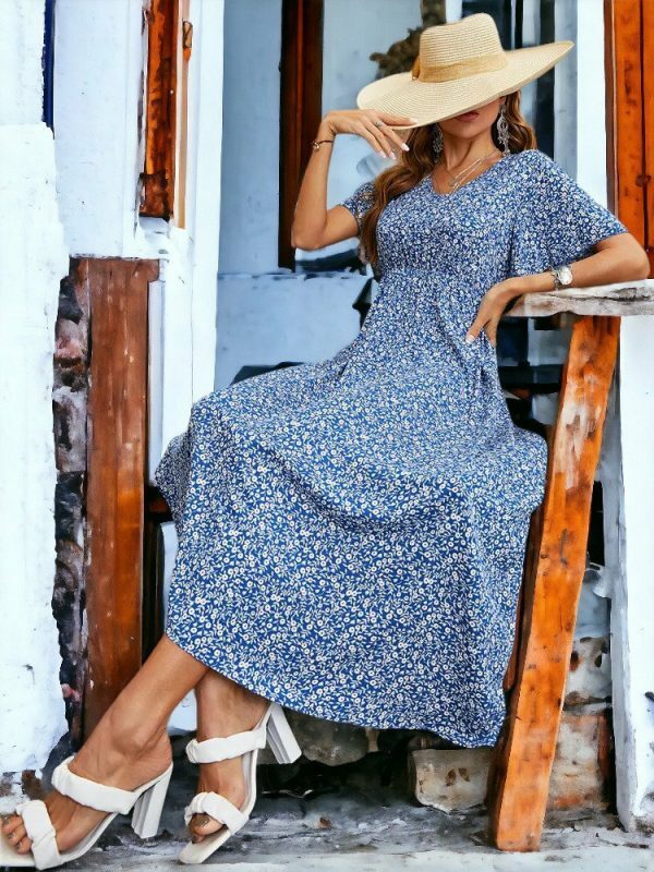 Vintage Boho Print Blue Elastic Waist Sundress | Y2K Aesthetic Women's Dress