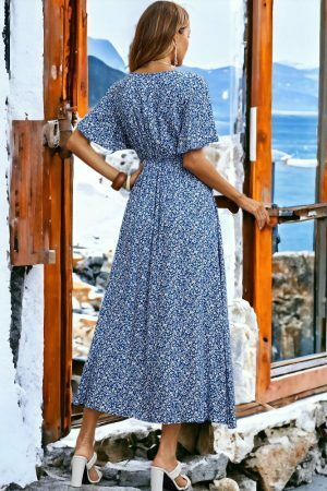 Vintage Boho Print Blue Elastic Waist Sundress | Y2K Aesthetic Women's Dress